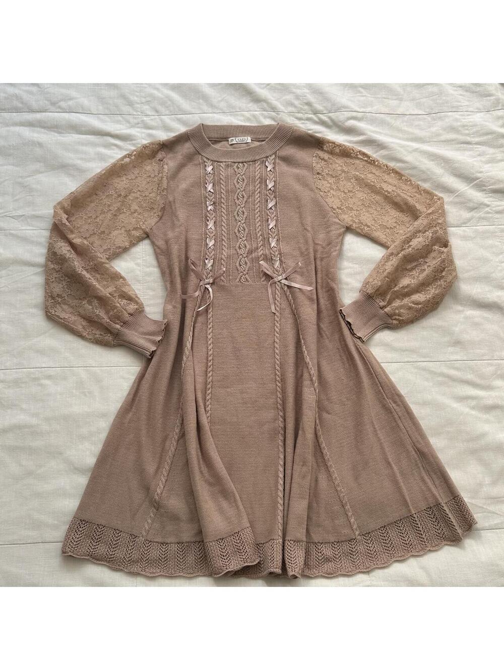 Axes Femme Mauve Pink Knit Lace Sleeve Ribbon Dress Size M Japan